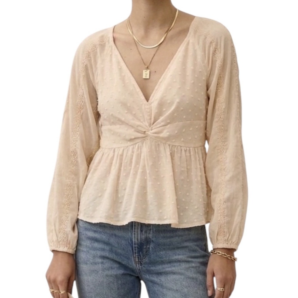 BOHME Peplum Blouse sz L Peach Swiss Dot Flowy Romantic Bohemian Peasant Top
